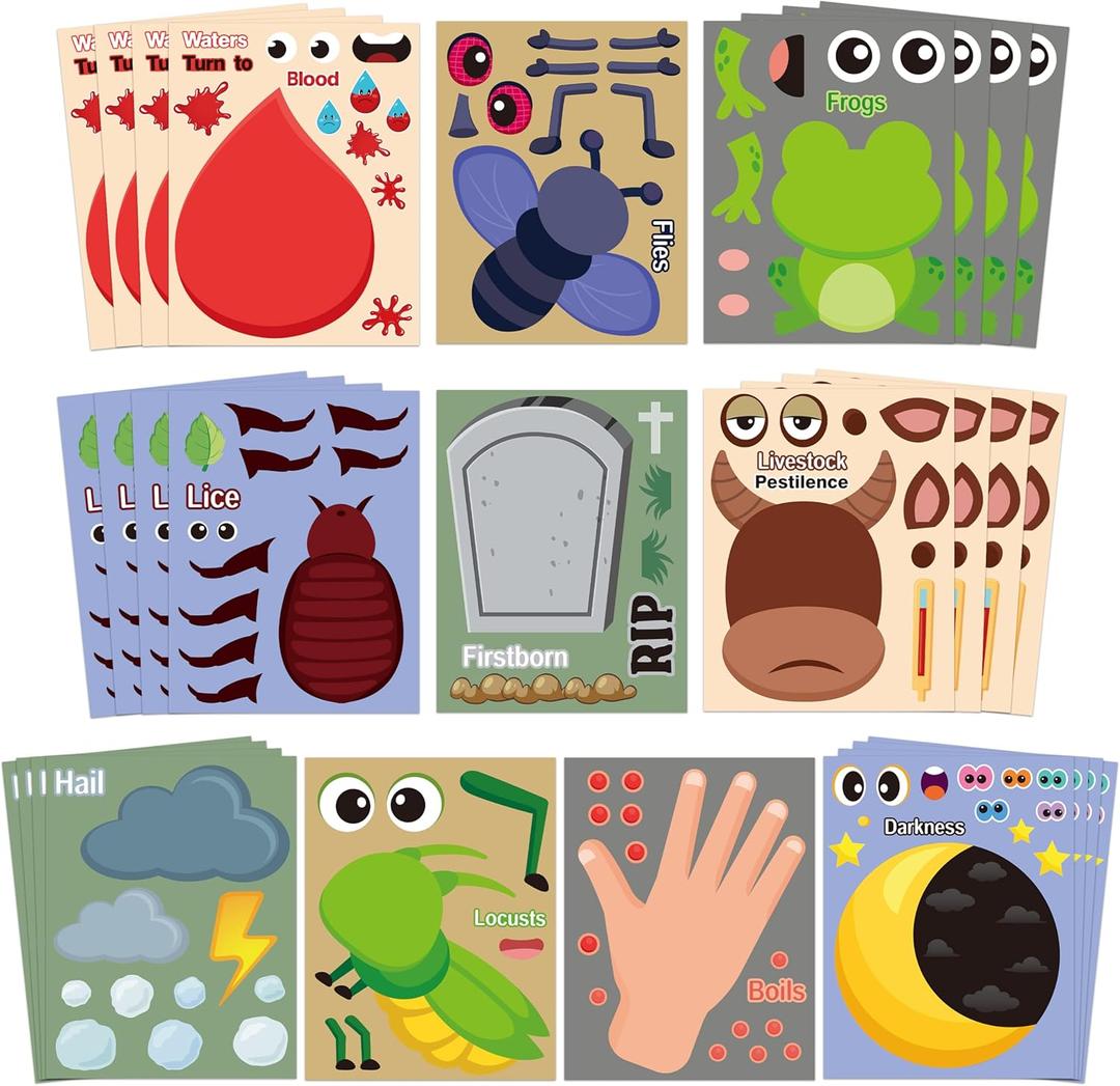 CY2SIDE Passover 10 Plagues Sticker - 40PCS Make Your Own Jewish Passover Frogs Sticker Craft Game for Kids School Reward DIY Pesach 10 Plagues Party Favor for Kids Holiday School Classroom Activities