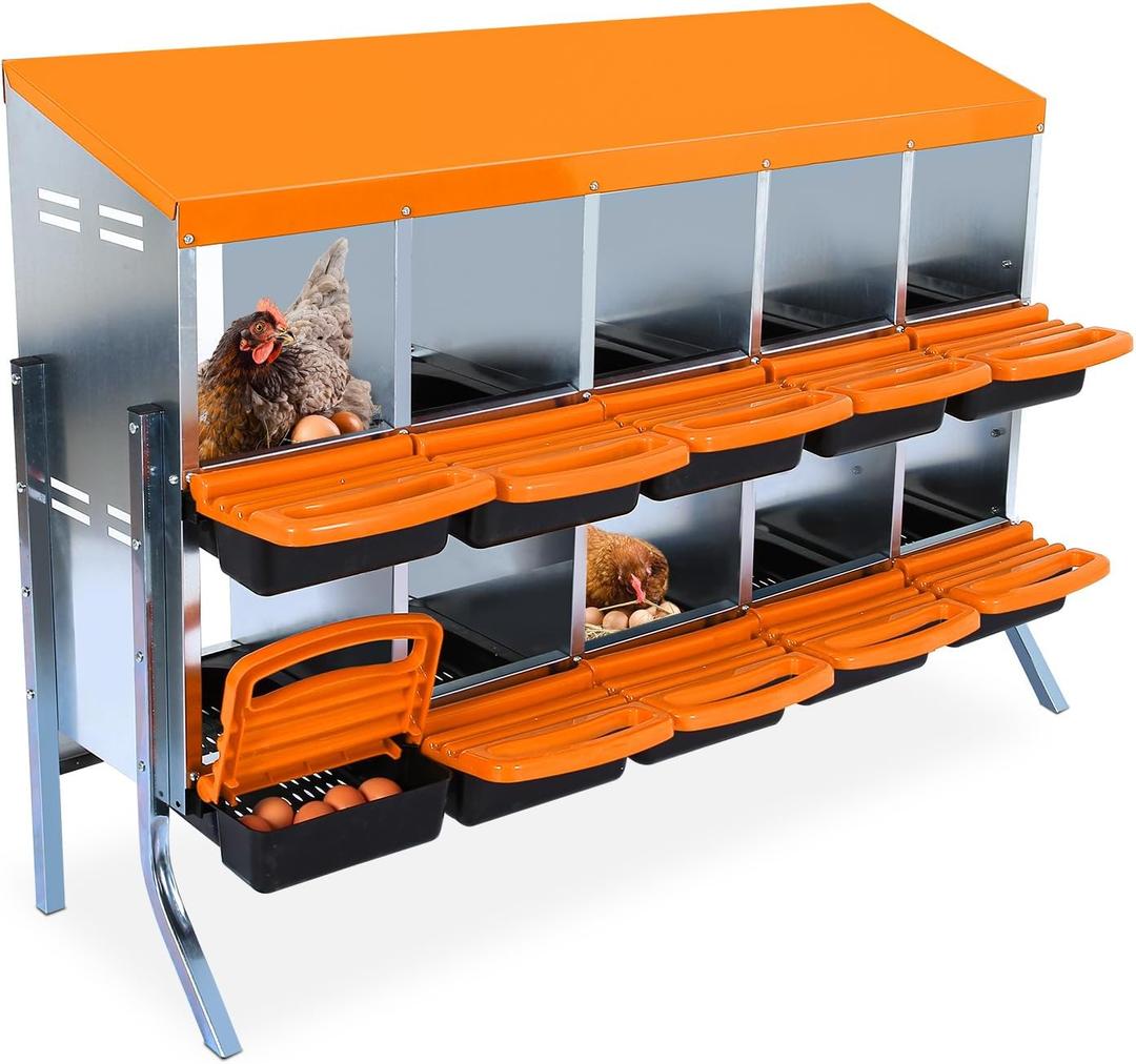 Chicken Nesting Boxes, 10 Compartments Chicken Laying Boxes, with Support Legs, Removable Plastic Tray, Easy to Clean, Roll Away Nesting Boxes for Chickens Laying Eggs, Orange