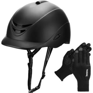 Equestrian Adult Helmet and Gloves Set with Adjustable Strap for Horseback Riding and Training, Soft and Comfortable Gloves Kits for Women and Man (Deep Black)