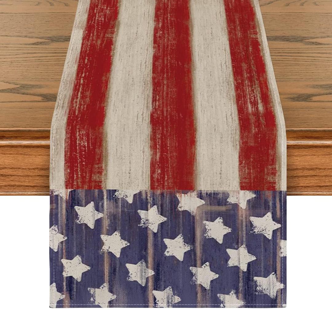 Artoid Mode American Flag Stars and Stripes 4th of July Table Runner,Memorial Day Kitchen Dining Table Decoration for Home Party Decor 13x72 Inch (Red/Blue)