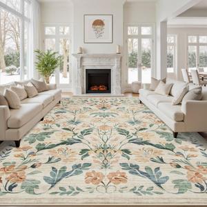 10x14 Area Rugs Boho Floral Washable Living Room Rug Neutral Carpet Bedroom | Beige, Farmhouse, Large, Playroom, Kids, Soft, Non-Slip, Non-Shedding, Stain Resistant, Dining Room, office, Indoor
