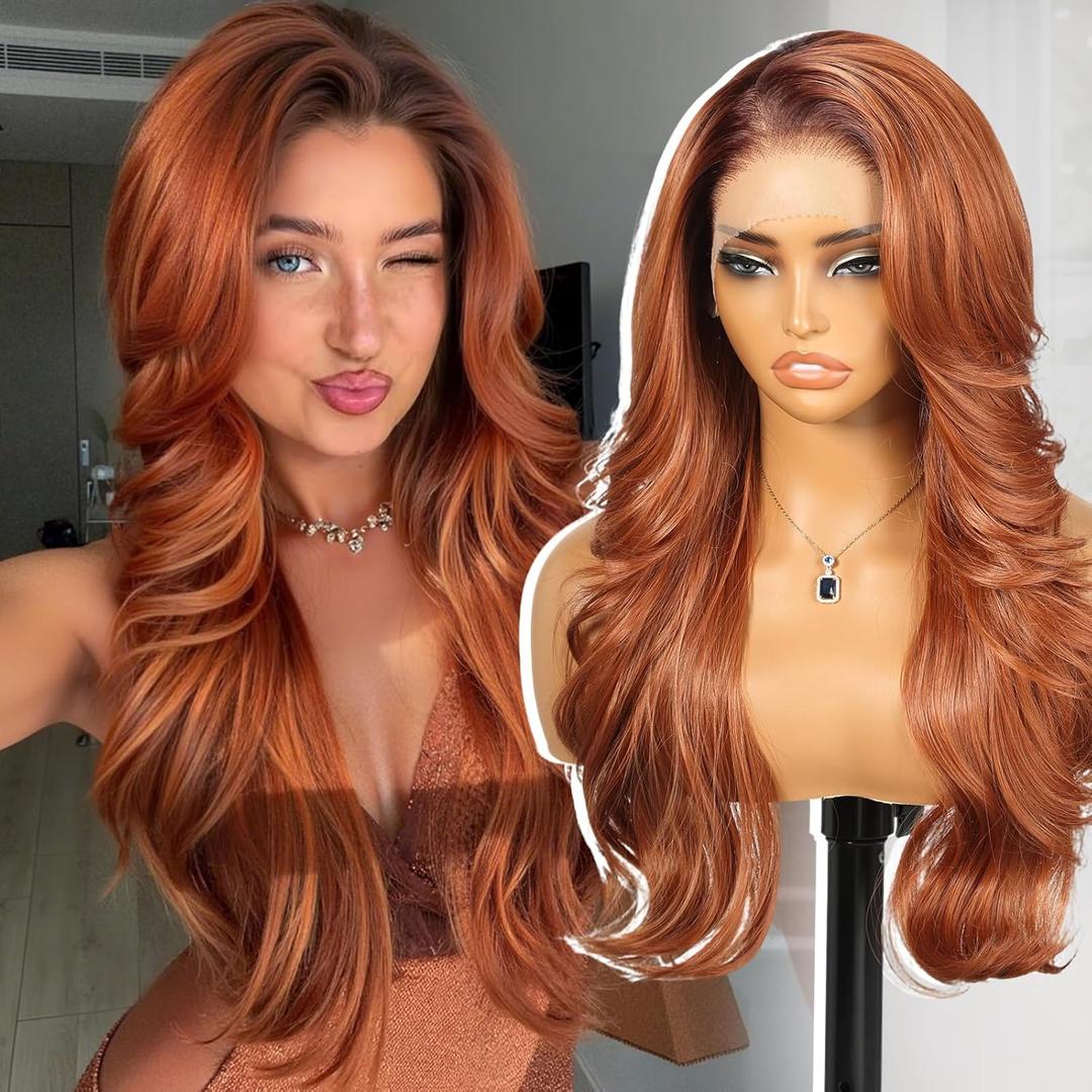 KOME Auburn Synthetic Lace Front Wig,13x4 HD Lace Layered Ginger Glueless Wigs for Women Daily Use 26IN