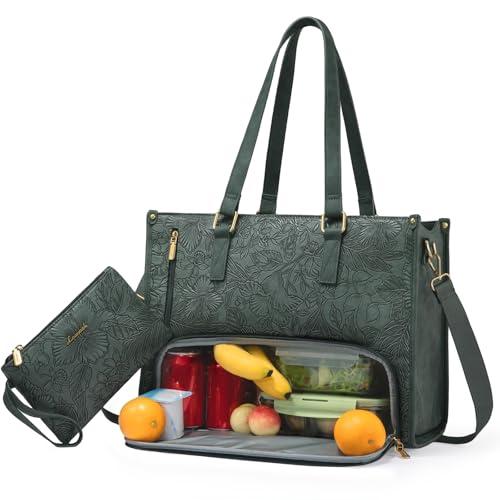 LOVEVOOK Lunch Tote Bag for Women, 15.6 Inch Laptop Bag with Insulated Lunch Compartment, Quilted Large Capacity Computer Handbag with Purse for Business, Work, Collage, Office, Casual, Beige-black