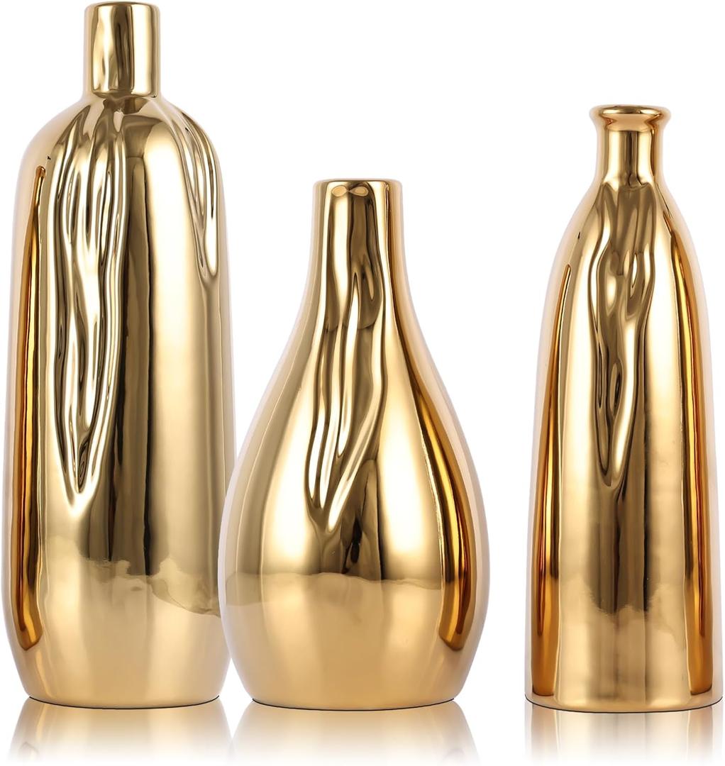 Glossy Gold Mini Ceramic Vase Set of 3, Small Ceramic Vase Set for Decorative, Bud Vases for Centerpieces Nightstand Kitchen, Boho Farmhouse Home Coffee Table Tray Decor