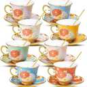 8 Set Tea Cups and Saucers, 8 OZ Floral Porcelain Cup and Saucers Set for Latte Cappuccino Espresso Mocha Afternoon Tea Birthday Wedding Party Supply Housewarming Women Gift