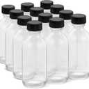 2OZ Small Glass Bottles with Lids and Funnels, 60ml Boston Round Glass Bottles, Leakage-Proof Mini Travel Bottle, Perfect for Diy Essential Oils, Perfumes, Whiskey and Juices, 12 Pack Clear