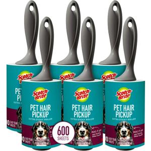 Scotch-Brite Pet Hair Pickup Extra Sticky Lint Roller, Designed for Removing Fur + Fluff on Couches, Clothes, Dog and Cat Beds, & More, 6 Pack, 600 Easy-Tear Adhesive Sheets Total