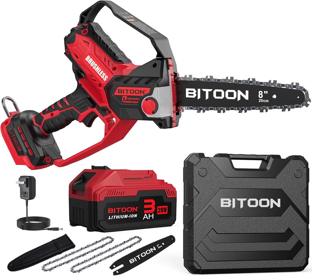 BITOON 8-Inch Mini Chainsaw with 2PCS 3.0Ah Battery and Charger, Auto-Oiler, Brushless Cordless 8-Inch and 6-Inch 2-in-1 Pruning Chain Saw, Portable Electric Chainsaw for Cutting Wood, Red