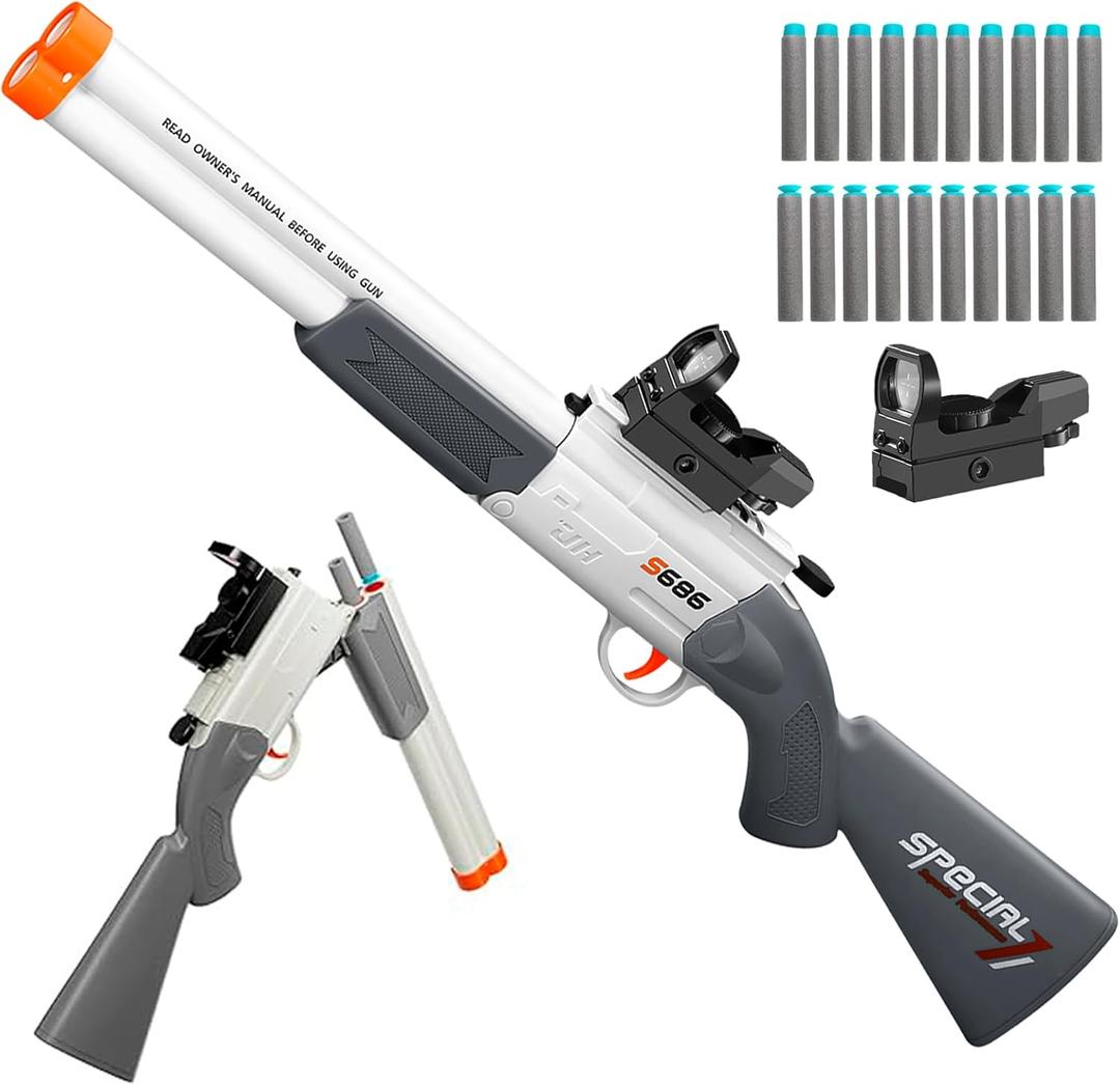 Shushuzz Toy Gun Double Barrel Shotgun Toy for Boys Age 8-12 - Realistic Foam Blaster with Scope & Soft Bullets, Outdoor Hunting Shooting Game Gift for Kids