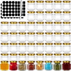 1.5 oz Mini Honey Jars - 48 Pack Hexagon Glass Jars with Gold Lids for Wedding Favors, Party Favors, Candle Making - Include 120 Labels and 1 Pen