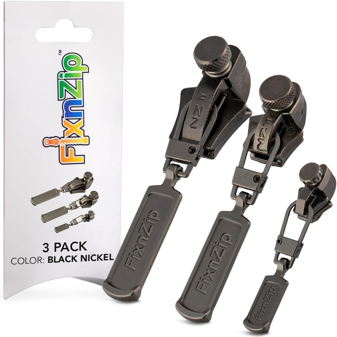 FixNZip Small, Medium, and Large Black Nickel Zipper Repair Kit Bundle | Universal No-Sew Slider Replacement for All Apparel Needs | Instant and Reusable Zipper Repair Tool | Size: S,M,L