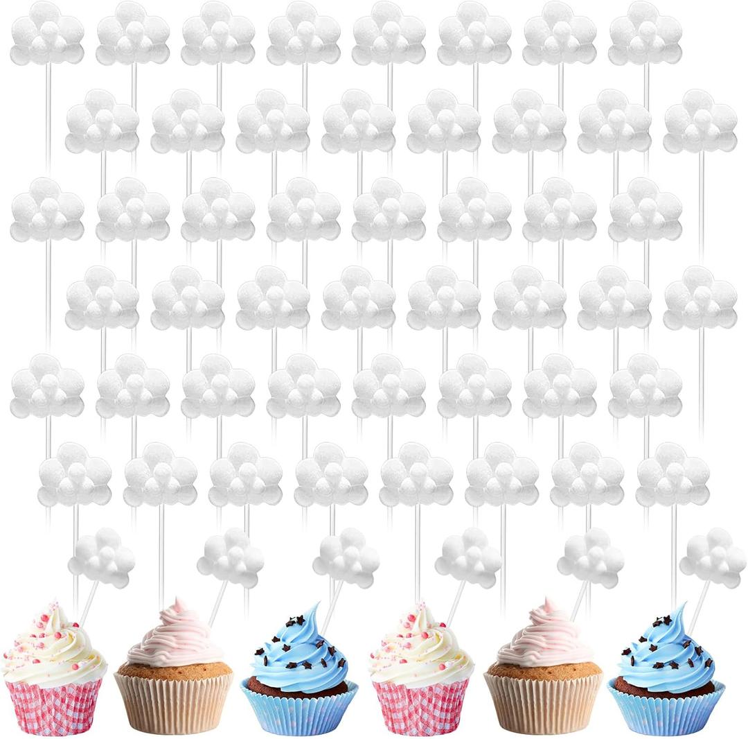Havawish 50pcs Cloud Cake Topper Plush Cloud Shaped Cupcake Toppers Yarn Ball Cake Dessert Picks Decoration for Baby Shower Birthday Wedding Party Supplies