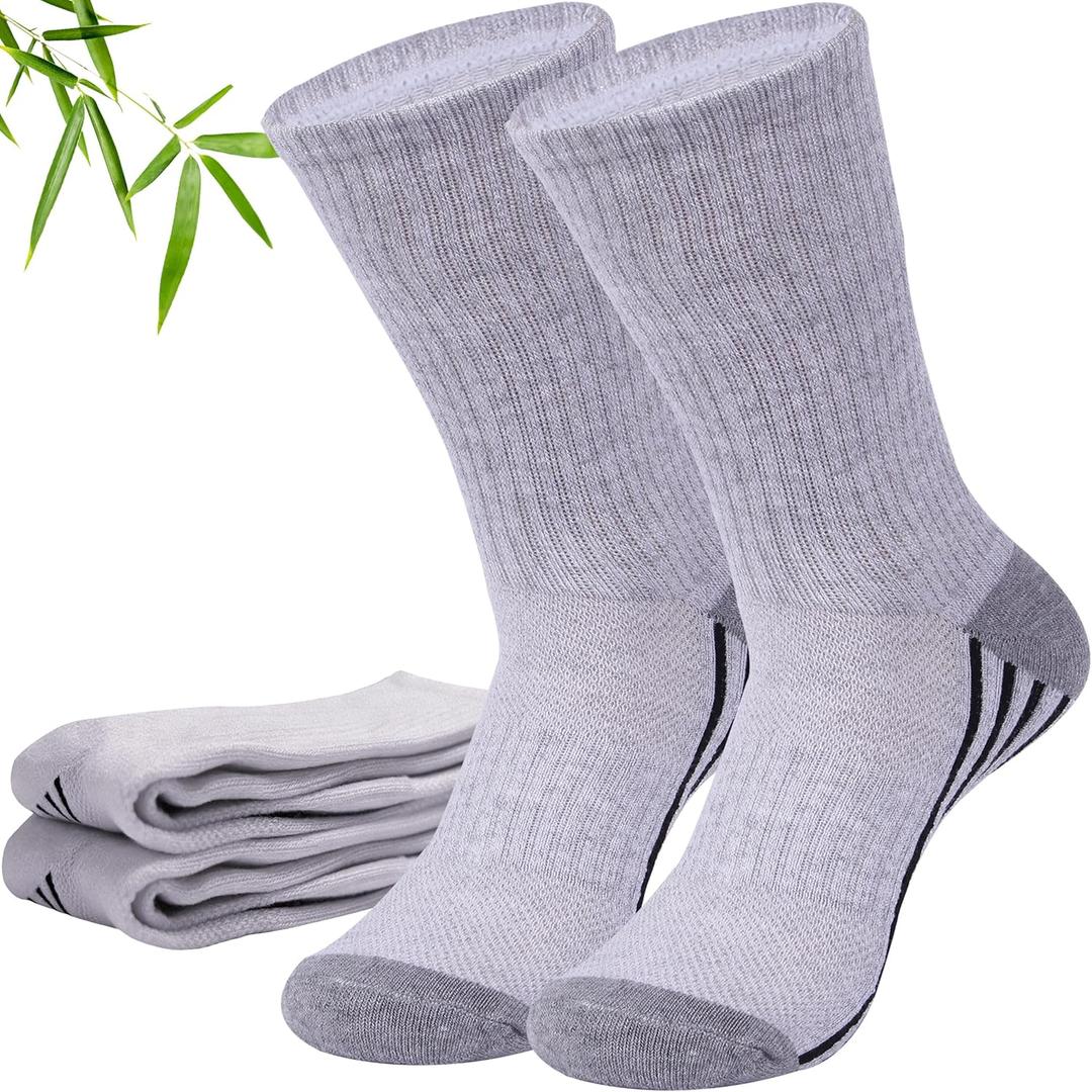 Bamboo Socks Summer, Sunew Unisex Thin Sweaty Feet Arch Support Compression-Fit Trekking Camping Hiking Home Training Anti Slip No Odor Crew Practice Dress Socks for Snowday Gray 3 Pairs, XL