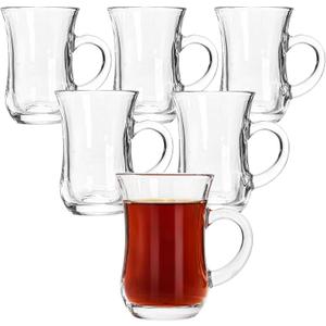 6 x Suwimut Set of 6 Turkish Tea Glasses With Handle, Slim Waist Design and Thick Sole Prevent Tea from Getting Cold, 5 oz Small Clear Teacup Set Glass Coffee Cups for Espresso Coffee, Hot Chocolate