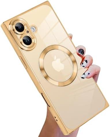 KANGHAR Case Designed for iPhone 16 Plus Case Magnetic Clear with Camera Lens Protector[Compatible with MagSafe] Luxury Cute Plating Design Full-Body Shockproof Protection Cover Gold