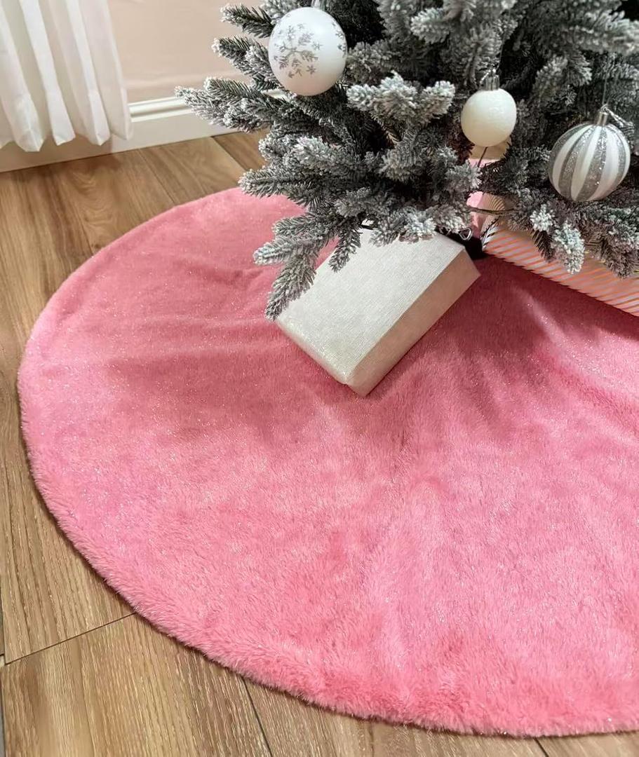 AISENO 48 Inch Christmas Tree Skirt Faux Fur Pink Bright Silk Shiny Decoration for Christmas Tree Plush Merry Christmas Decorations Decor