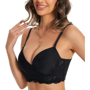 Low Cut Lace Backless Underwire Padded Push Up Plunge Bra Comfort Low back Bralette Convertible Strap (36C, Black)