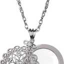 5X Necklace Magnifier Magnifying Glass Flower Pendant Retro Magnifying Loupe Pocket Jewelry Magnifier Necklace Elegant Long Sweater Chain with Jewelry Box for Senior Reading (Silver-Sliding Top)