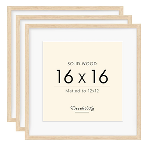 16x16 Picture Frame Made with Solid Wood Set of 3, Display 12x12 with Mat or 16x16 without Mat, Wall Gallery Frame Set for Tabletop or Wall Mounting Display, (3 Pack of Oak)
