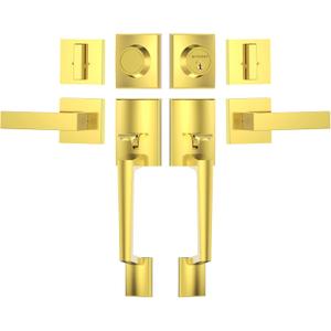 TICONN Double Front Door Handle Set, Heavy Duty Square Door Lever and Single Cylinder Deadbolt Combo for Side by Side Entrance Exterior Doors (Polished Brass)