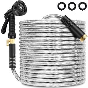 Stainless Steel Metal Garden Hose 25 FT,No Kink Garden Water Hose with 8 Pattern Spray Nozzle for Yard, Outdoor,Flexible,Never Kink & Tangle, Puncture Resistant,Black