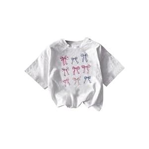 RoseSeek Girl's Graphic Tees Short Sleeve Bow Print Tee Tops Crew Neck Drop Shoulder Casual Summer T Shirts White 9Y