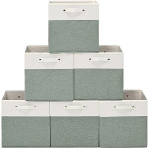 FinishingBo 13 x 13 Inch Fine Linen Storage Bins with HandlesFabric Cube BoxsBasket Organizers for Shelves for Home, Closet Drawers (White/Green-6 Pack)