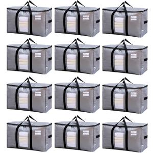 TAILI Extra Large Moving Bags, 12 Pack Silver Heavy Duty Totes for Storage with Visible Window, Wrap Around Handles, Storage Bags for Space Saving, Alternative to Moving Boxes