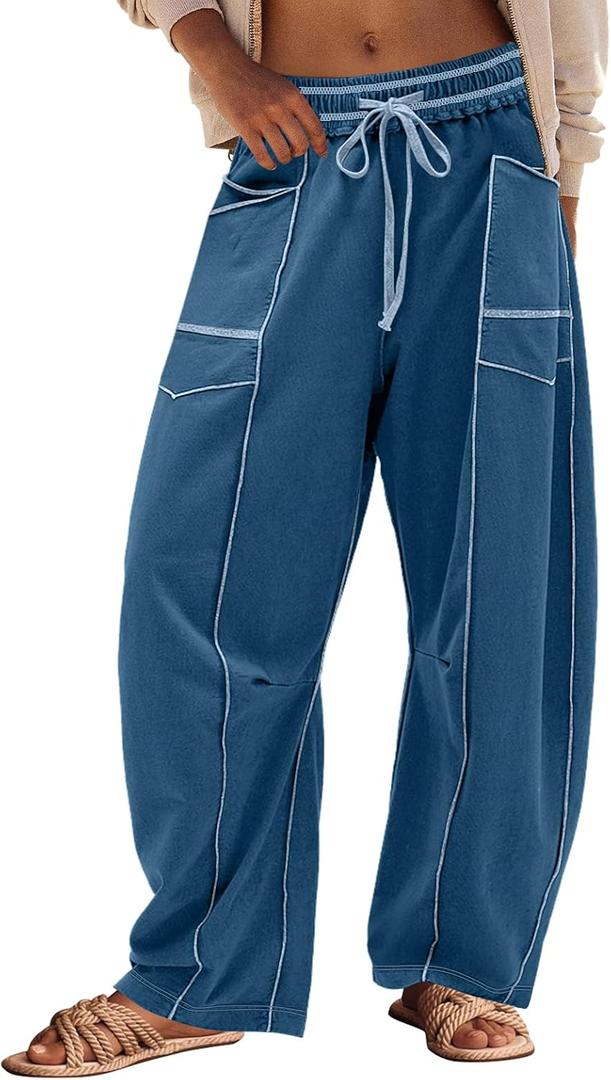 Panadila Womens Barrel Pants Drawstring Wide Leg Sweatpants Baggy Summer Lounge Pants Casual Beach Trousers (Blue, L)