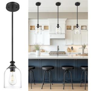 AUTELO Black Pendant Lights Kitchen Island, 1-Light Pendant Lights in Black Finish with Clear Cylinder Glass, Modern Pendant Light Fixtures, Hanging Lamp for Kitchen Island H2511 CLBK