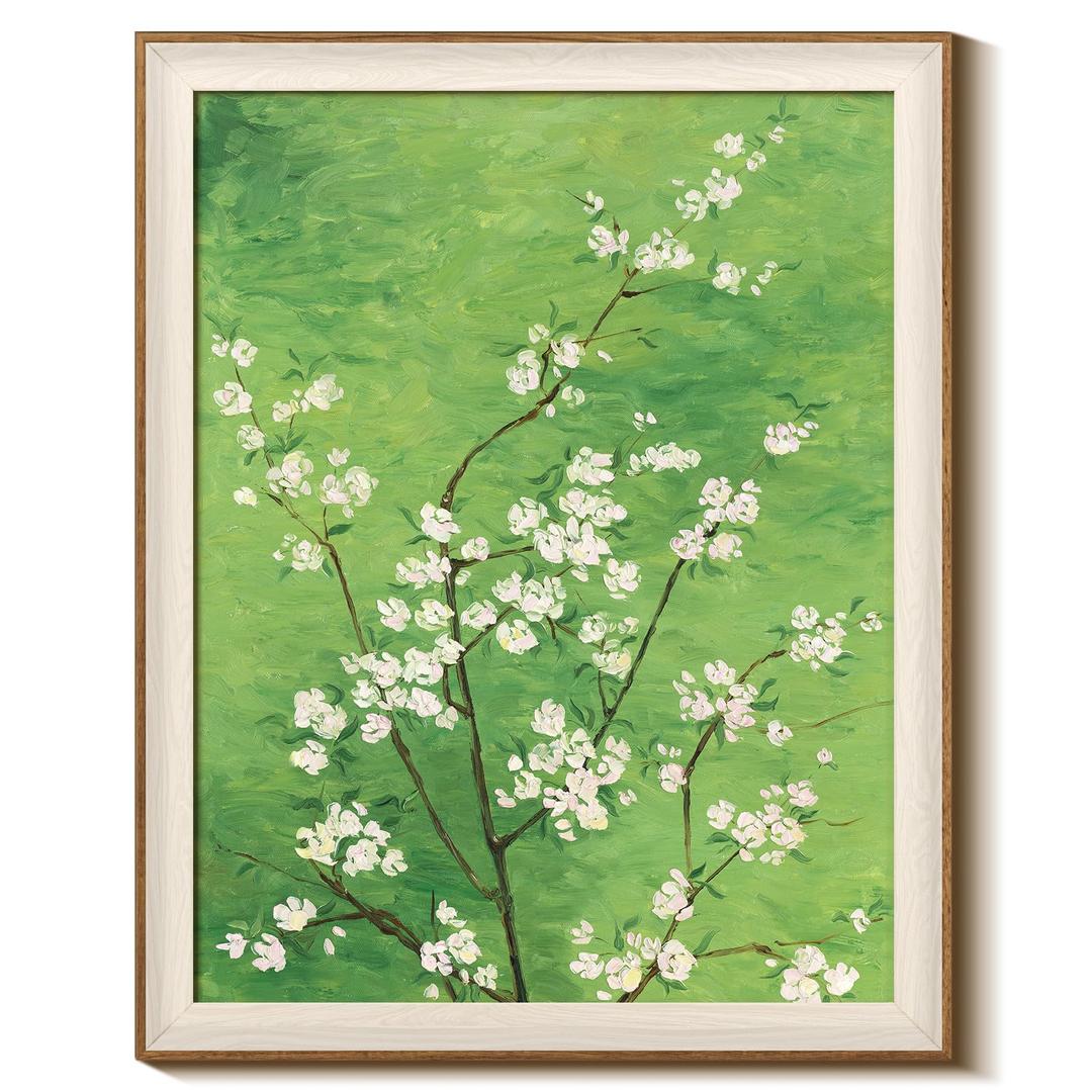 InSimSea Framed Vintage Wall Art Green Blossom Floral Art Prints, Minimalist White Flower Branch Painting Pictures, Modern Botanical Print Artwork for Bedroom Living Room 16x20 IN