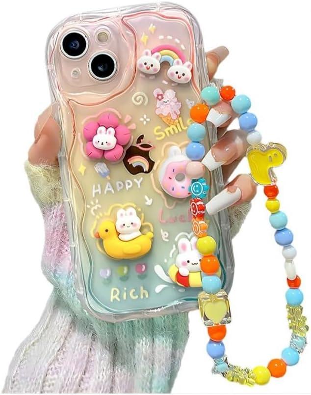 Designed for iPhone Case,Cute Rainbow Rabbit Duck Kawaii Cartoon Animal Wristband Strap Bracelet Chain Soft Shockproof Cover Phone Case (Pink,iPhone 16 Plus)
