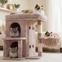 Heybly Cat Tree, 25.6-inch Cat Tower with Spacious Top Perch for Large Cats, Stair-Style Cat House Furniture with Dual-Layer Condos, Sisal Scratching Posts, Cozy Basket & Pompom, Muchroom HCT204SMU