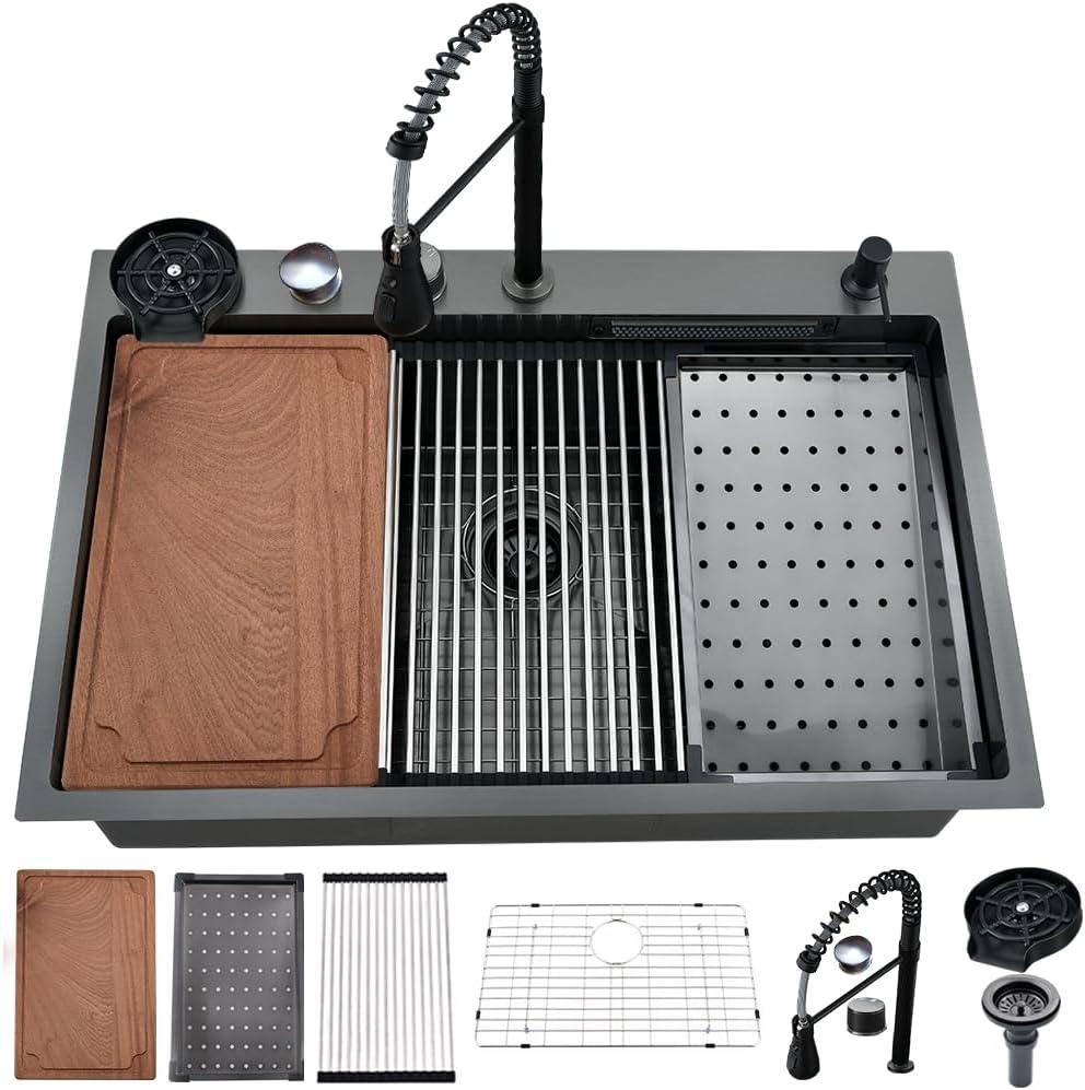 33 Inch Black Waterfall Kitchen Sink Stainless Steel Workstation, 33x22 Drop In Kitchen Sink with Waterfall and Faucet Combo 16 Gauge Multifunctional Single Bowl Upgraded Sinks