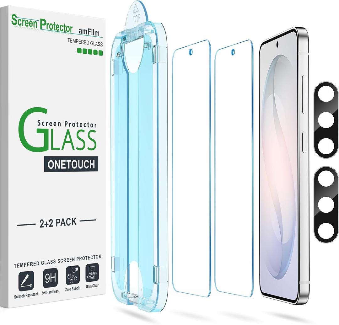 AmFilm Auto-alignment OneTouch for Samsung Galaxy S26+ Plus 6.7'' Screen Protector + Camera Lens Protector, Tempered Glass, 30 seconds Installation, Bubble Free, Case Friendly, Anti-Scratch 2+2 Pack