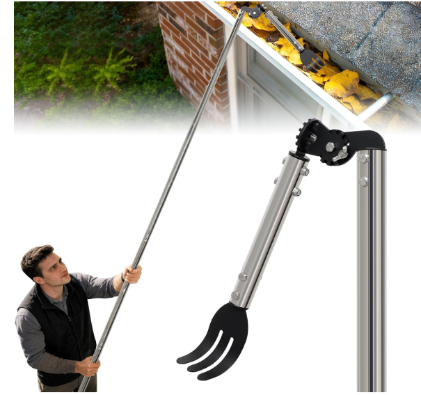 12FT Gutter Cleaning Tools from the Ground, Dual-Axis Spring Steel Gutter Cleaner Tool, Adjustable Length Cleaning Pole with Rake for Leaves, Muck and Roof Debris