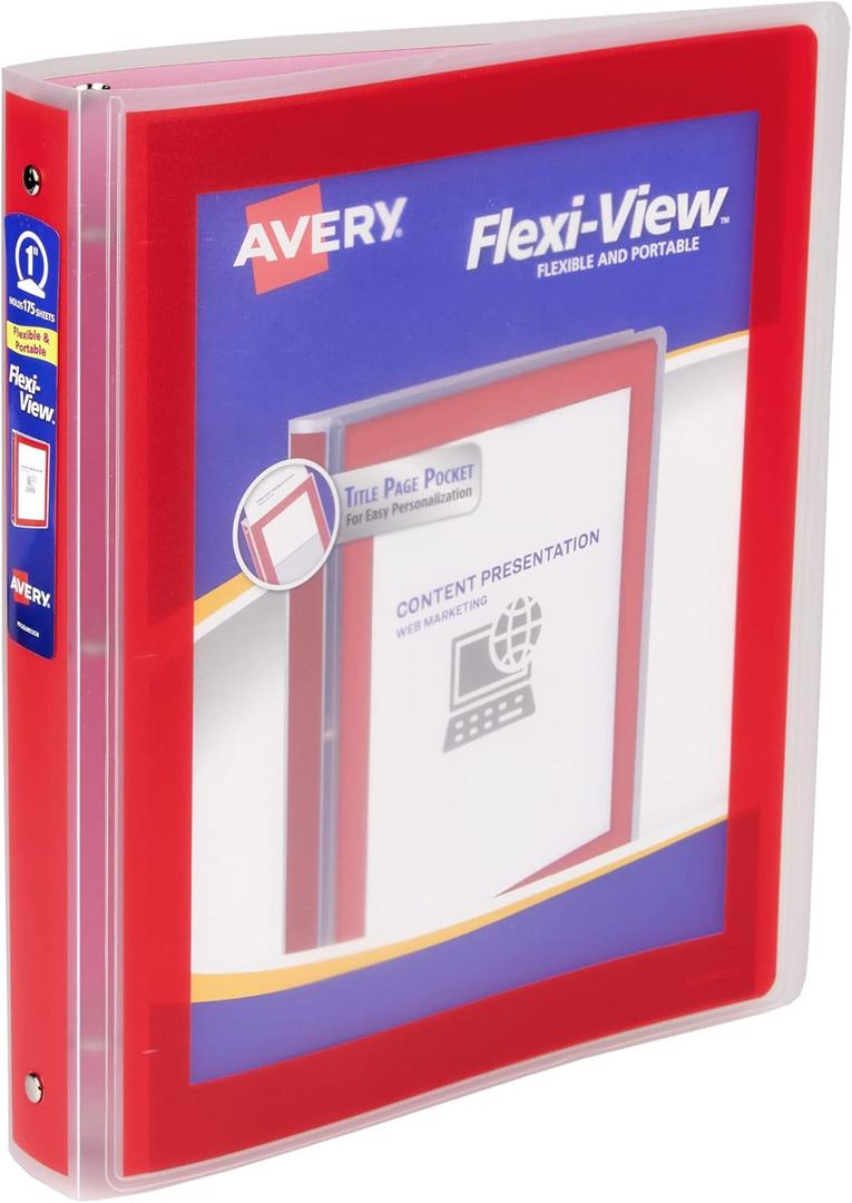 Avery Flexi-View 3 Ring Binder, 1 Inch Round Rings, 1 Red Binder (17606)