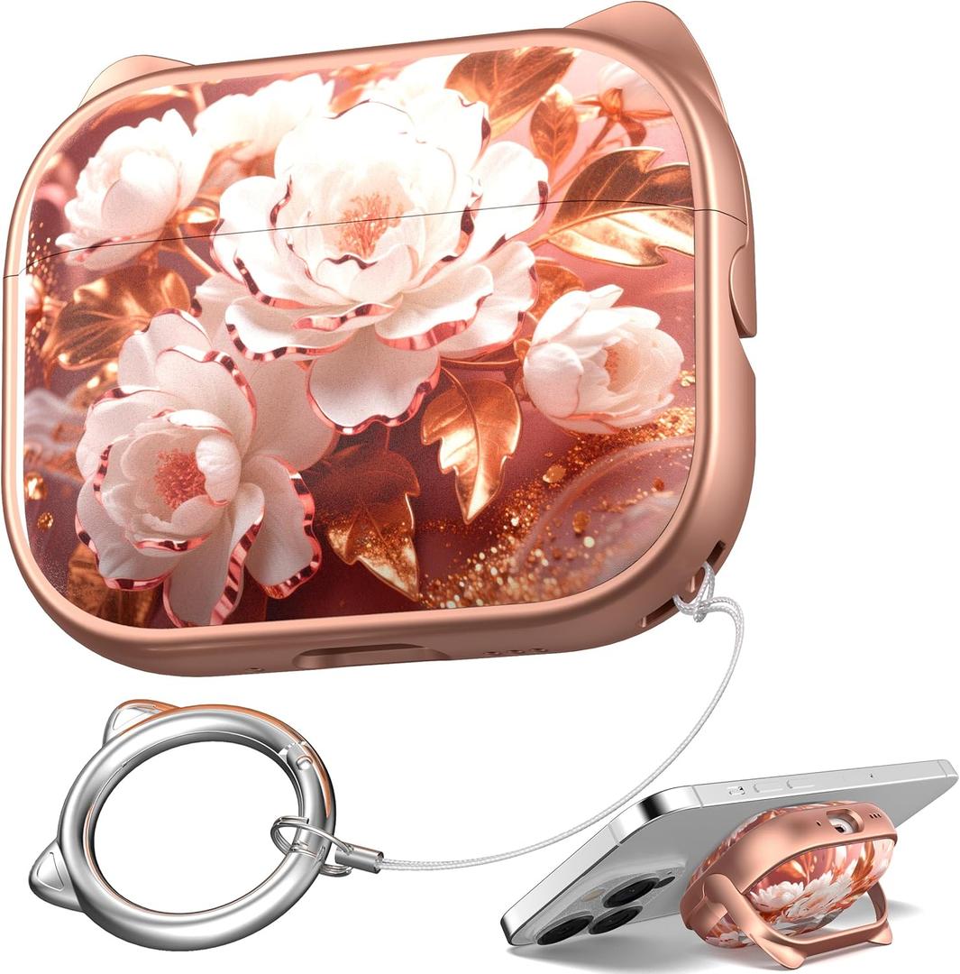 R-fun for AirPods Pro 3 Case with Cleaning Kit, Cute Cat Ear Print & Buckle for Girls, Phone Holder & Top Safe Lock Buckle, Compatible with AirPods Pro 3rd Gen Case, Rose Gold Peony