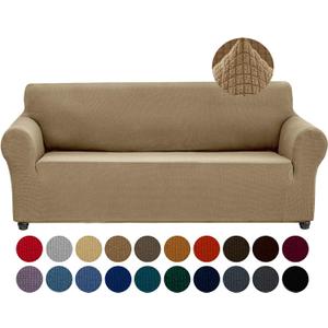 Joccun Stretch Couch Cover Slipcovers, 1-Piece Sofa Covers for 3 Cushion Couch Spandex Jacquard Washable Furniture Protector Cover for Living Room,Kids,Pets (Sofa,Tan) (Large78"-94")