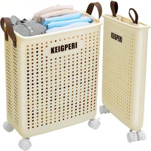 Keigperi Collapsible Laundry Baskets Laundry Basket With Wheels Foldable Laundry Basket Milk White Small Small 37.5L