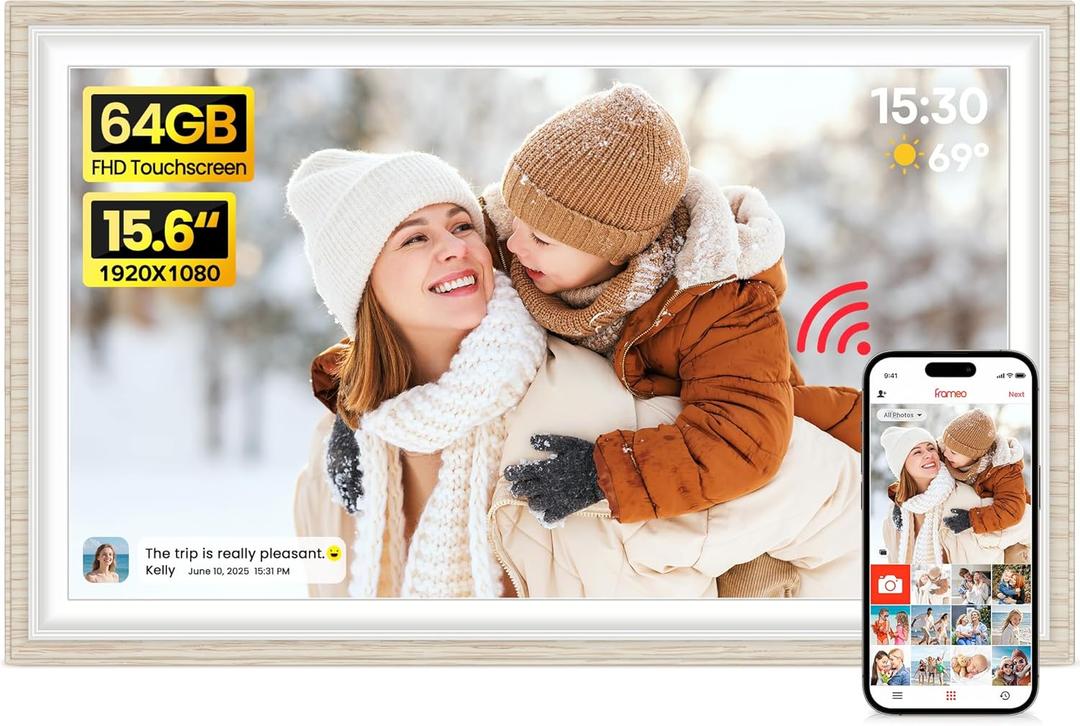 64GB Frameo 15.6" Digital Picture Frame Large 1920 x 1080 IPS FHD Touch Screen WiFi Electronic Photo Frames Share Moments Instantly Anywhere Best Gifts for Parents and Grandparents White Wood
