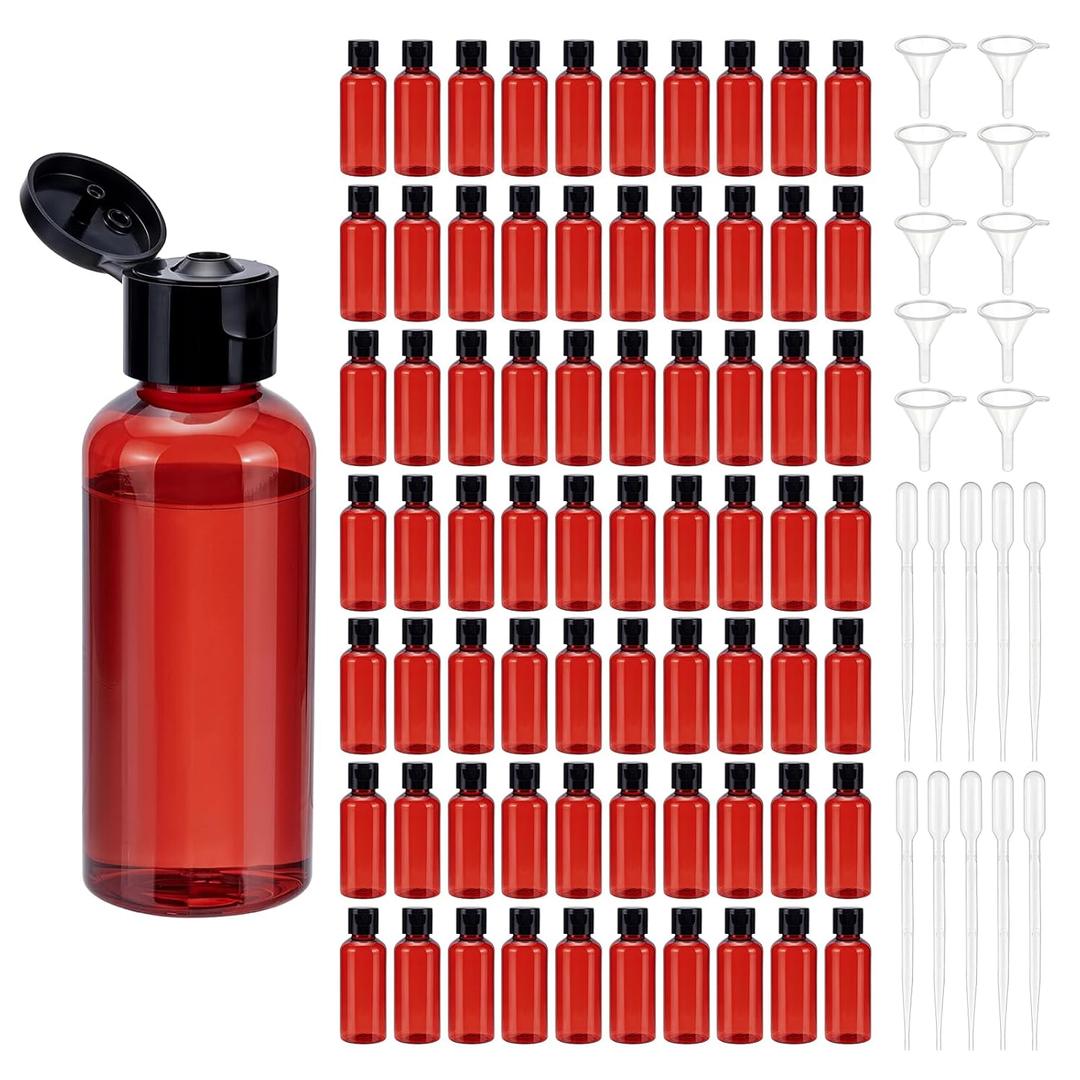 150 Pcs 2 oz/60ml Clear Plastic Empty Bottles with Flip Cap, Travel Bottles Plastic Bottle with Lids for Toiletries Lotions Shampoo Creams Dispensing with 20 Funnels and 20 Dropper(Red)