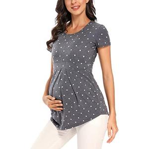 Glampunch Women's Maternity Tops Short & 3/4 Sleeve Round Neck Front Pleat Peplum Tunic Top Pregnancy Shirts, Medium