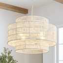 3-Tier Large White Rattan Chandeliers, 23.6in Boho Coastal Pendant Lights, Woven Hemp Rope Lighting Fixture, Wicker Hanging Ceiling Light for Living Room, Dining Room, Bedroom, Kitchen Island