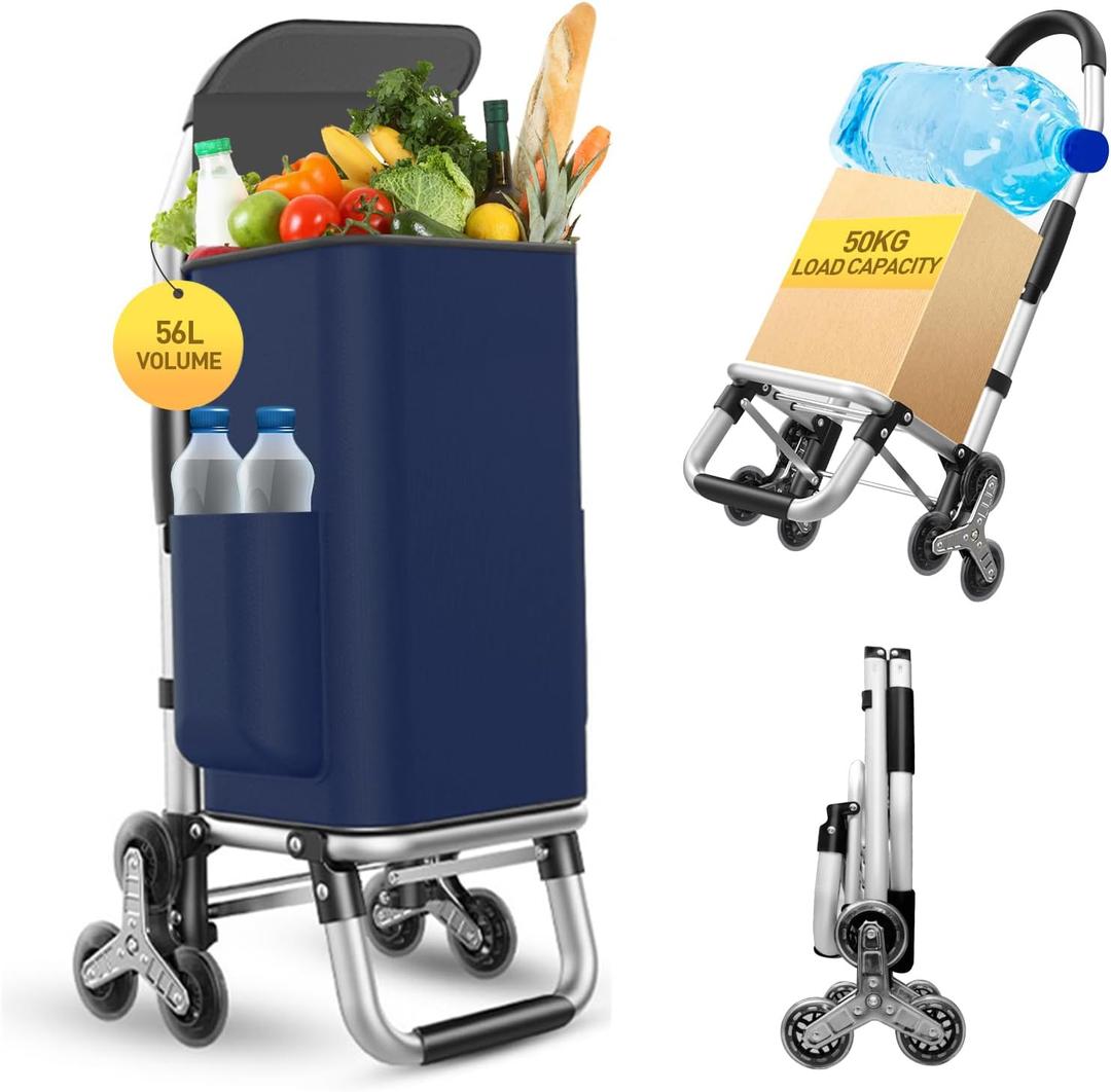 Heavy Duty 3 in 1 Shopping Cart, Foldable Hand Truck with 6 Wheels, 110 lbs Grocery Cart, Portable Utility Dolly, Waterproof Bag for Moving, Camping (Navy Blue)