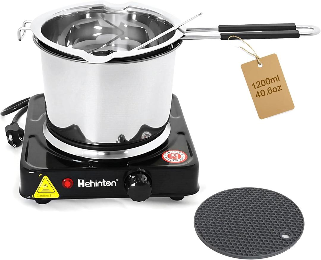 Professional Double Boiler Pot 1200ML/40.6OZ, 304 Stainless Steel Chocolate Melting Pot with 1000W Electric Hot Plate, Multi-Functions Warming Melting Pots for Wax Soap Base Candy Cheese Butter