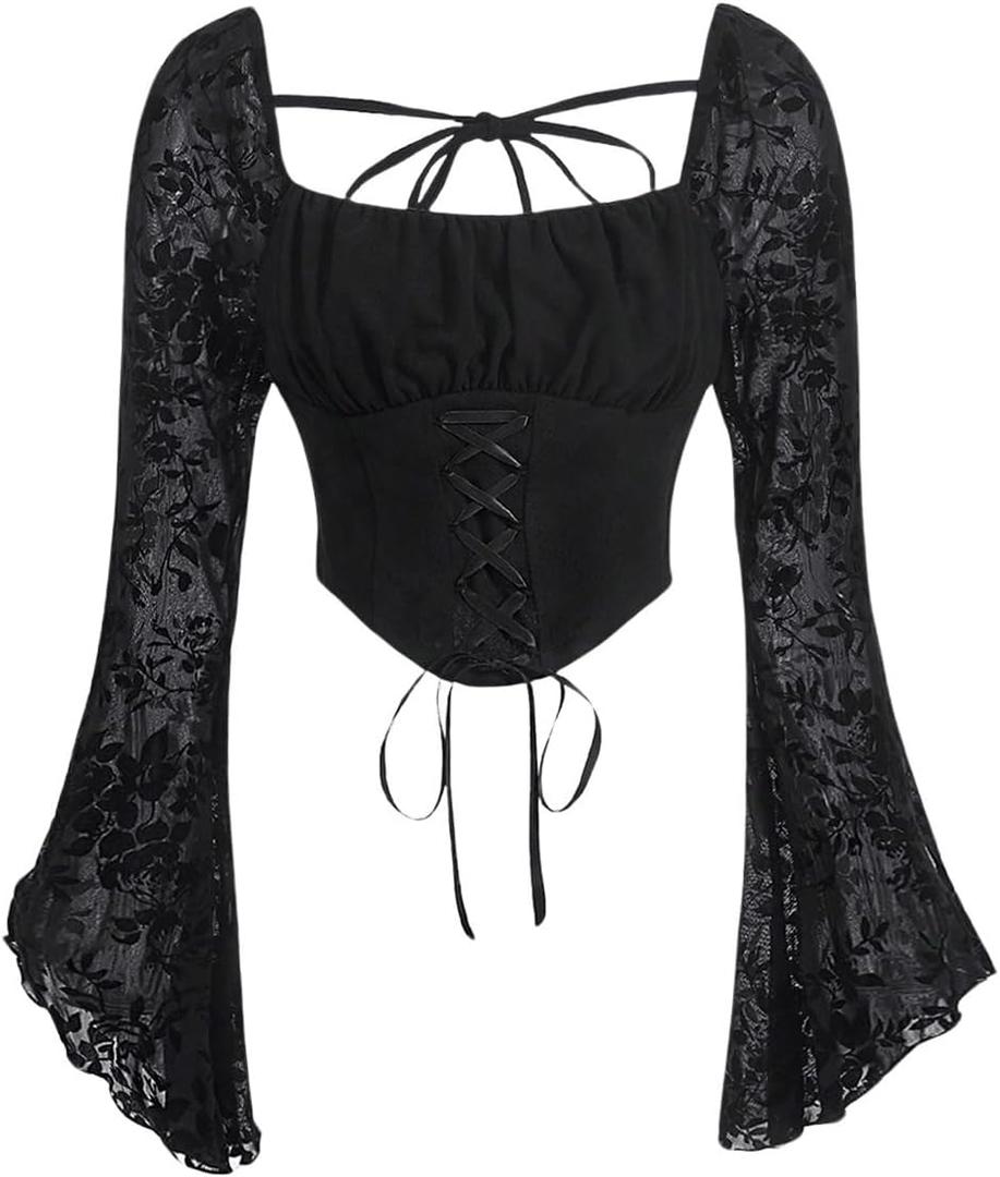 SweatyRocks Women's Goth Grunge Y2K Floral Mesh Bell Sleeve Crop Tops Renaissance Blouses (Black)