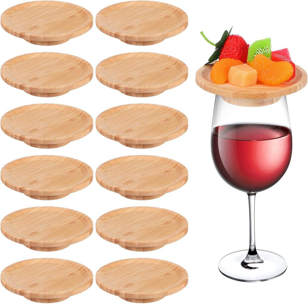 12PCS Wine Glass Charcuterie Topper, 4" Bamboo Mini Charcuterie Boards Top, Wine Glass Cover Lids Appetizer Plates, Dual Use Cups Topper Plates for Family Gatherings Bars Restaurants