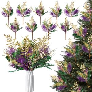 9 Pcs 17.7 Inch Mardi Gras Picks Decoration Centerpieces for Tables Mardi Gras Glitter Picks Purple Green Gold Decor Floral Stems Sprays Artificial Branch for Tree Topper Ornament DIY Decor