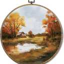 Sufamb Vintage Rustic Fall Round Wall Art Decor, Farmhouse Autumn Landscape Canvas Artwork Framed, Country Fall Wall Hanging Prints Decorations for Home Bedroom Living Room Decor, 10x10 Inches (lake)